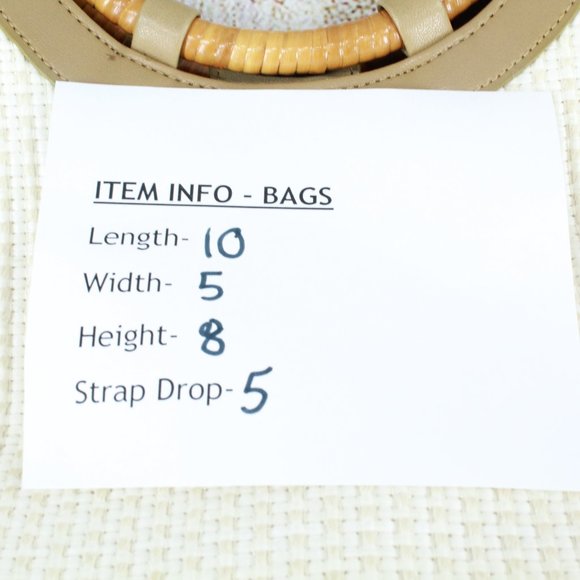 Fossil White Basket Weave Wood Round Handle Leather Trim Satchel Tote Bag Purse - Picture 10 of 10